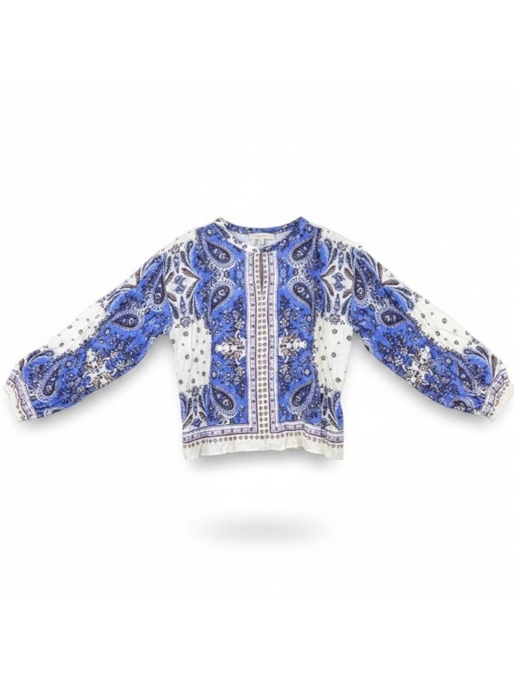 Loft Womens Blue & White Floral Boho Printed Long Sleeve Blouse Lightweight Sz L
